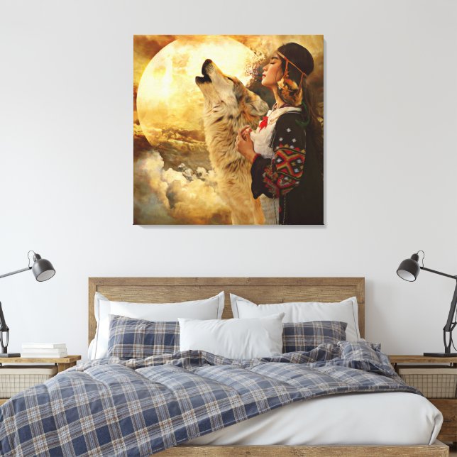 Toile Belle femme indienne Wolf & peinture de Pleine lun (Insitu(Chambre))