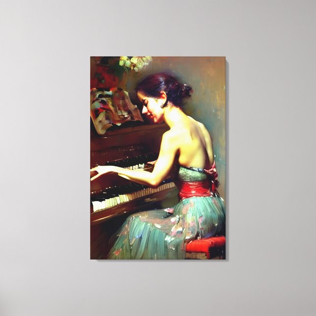 Toile Belle Femme Jouant Piano Peinture (Recto)