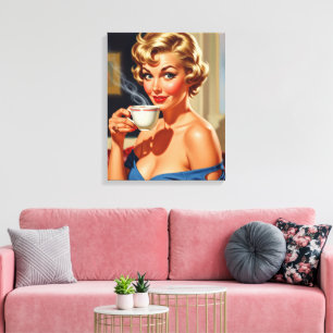 Toile Belle femme rétro avec une tasse de café