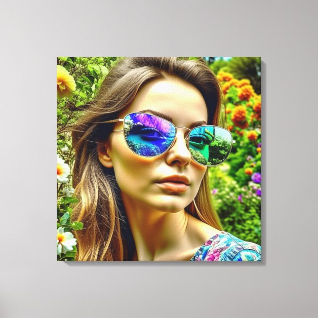 Toile Belle fille avec lunettes de soleil Fleurs de réfl (Recto)