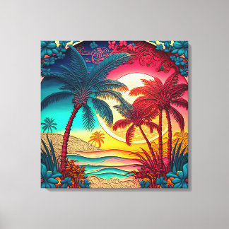 Toile Belle maison de plage de palmiers colorés