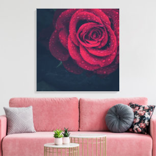 Toile Belle Rose rouge avec gouttes d'eau