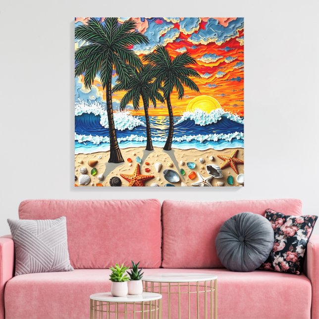Toile Belle scène de plage avec des palmiers (Insitu(Salon))