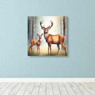 Toile Biche et Faon dans un Paysage Boisé Lumineux