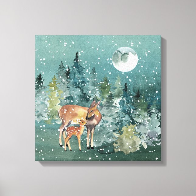 Toile Biche et faon dans une forêt enneigée sous la plei (Recto)