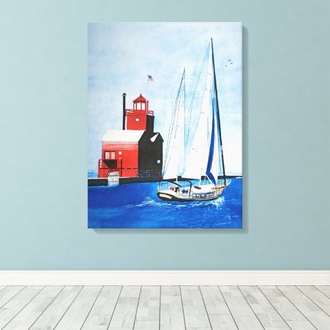 Toile Big Red Michigan Lighthouse and Sailboat (Insitu (Plancher de Bois))
