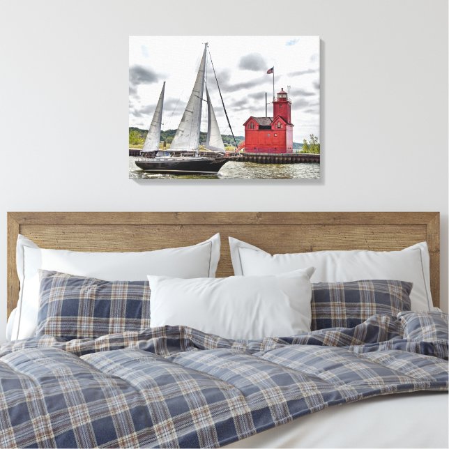 Toile Big Red Michigan Lighthouse and Sailboat (Insitu(Chambre))