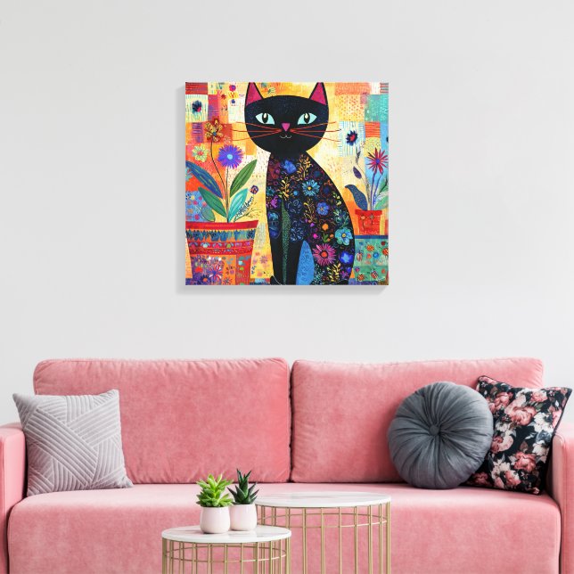 Toile Black Cat Colorful and Whimsical Artwork, (Insitu(Salon))