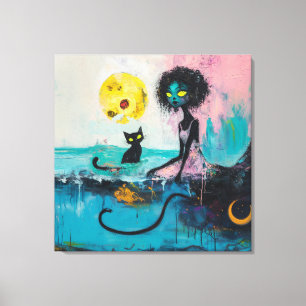 Toile Black Cat Moon Ocean Rose Magique Witchy AI Art