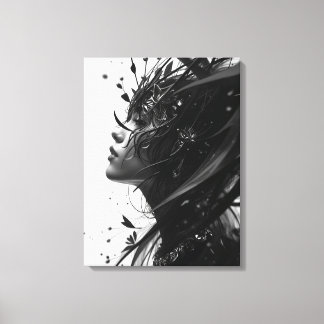 Toile Black & White Fantasy Woman Portrait – Elegant Abs