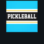 Toile Bleu clair bleu noir jaune PICKLEBALL rayures<br><div class="desc">Ce design sportif amusant présente une lettre en bloc en gras PICKLEBALL texte à l'intérieur d'une large bande noire centrée en surbrillance,  associée à des rayures de course jaunes et blanches dorées contre des rayures extérieures bleu ciel brillant.</div>