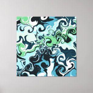 Toile Bleu foncé, Vert Sage, Liquide Abstrait