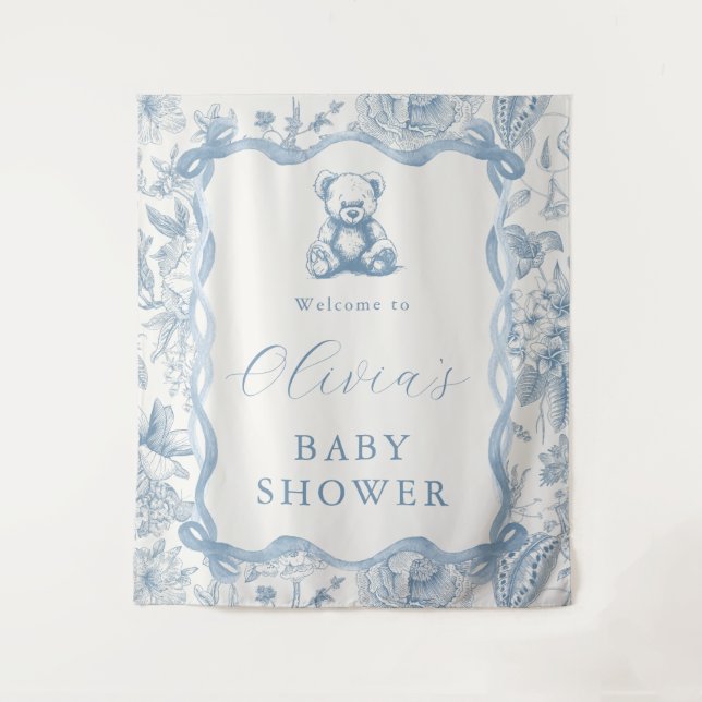 Toile Bleu Teddy Ours Baby shower Tapisserie (Devant)