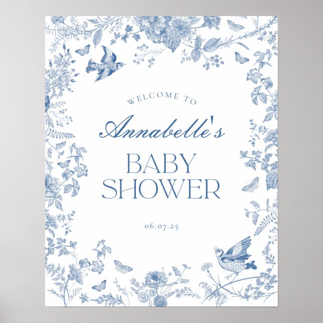 Toile Bleue De Jouy Baby shower Floral Affiche de  (Devant)