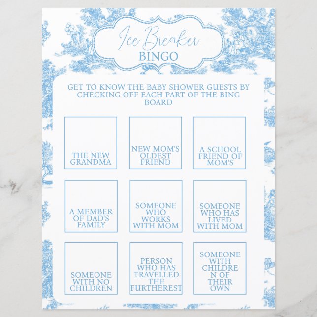 Toile bleue et blanche de Jouy Baby shower Bingo (Devant)