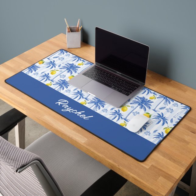 Toile Bleue Palmiers Citrons Monogramme Nom (Bureau 2)