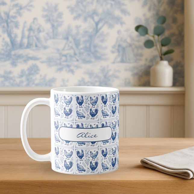 Toile Bleue Pays Français Agritourisme Poulet Mug (Personalized Blue Toile Chicken Mug French Country Farmhouse Coffee Cup)