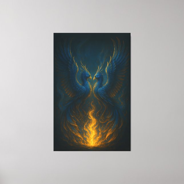 Toile Blue Flame Phoenix Twins – Fine Art Mythical Bird  (Recto)