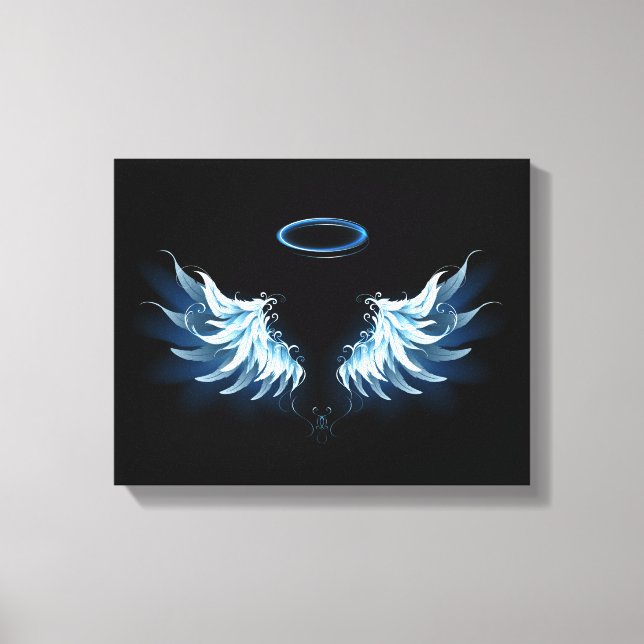 Toile Blue Glowing Angel Wings on black background (Recto)