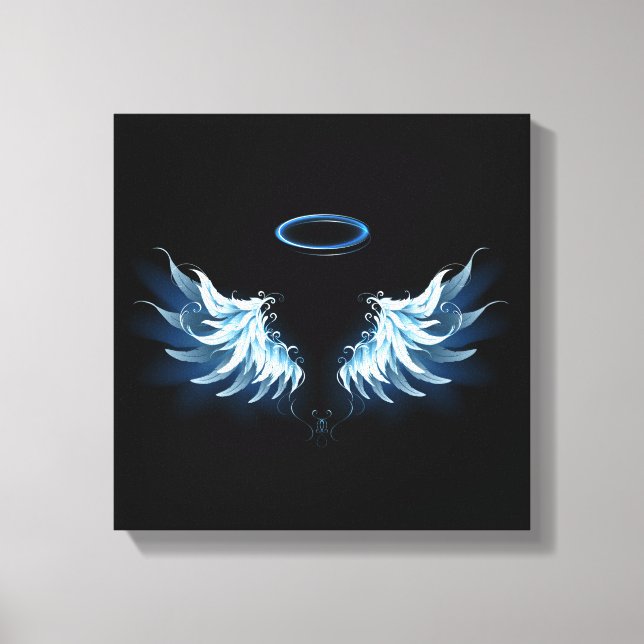 Toile Blue Glowing Angel Wings on black background (Recto)