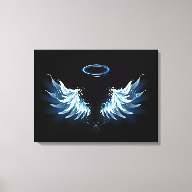 Toile Blue Glowing Angel Wings on black background (Recto)