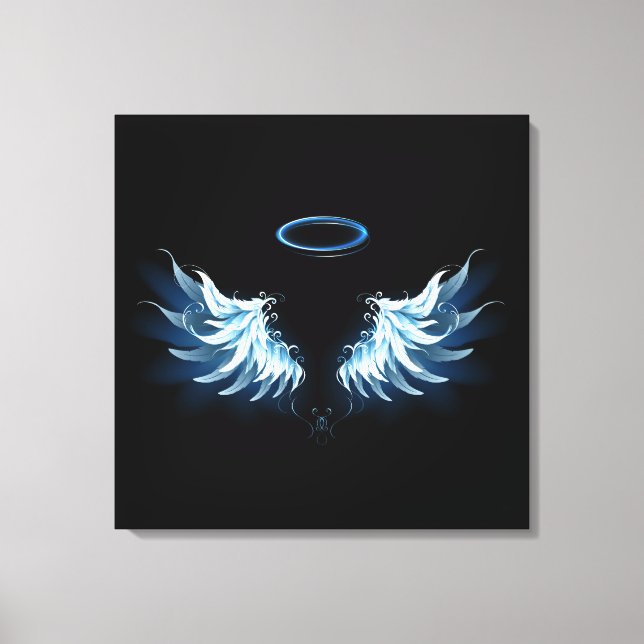 Toile Blue Glowing Angel Wings on black background (Recto)
