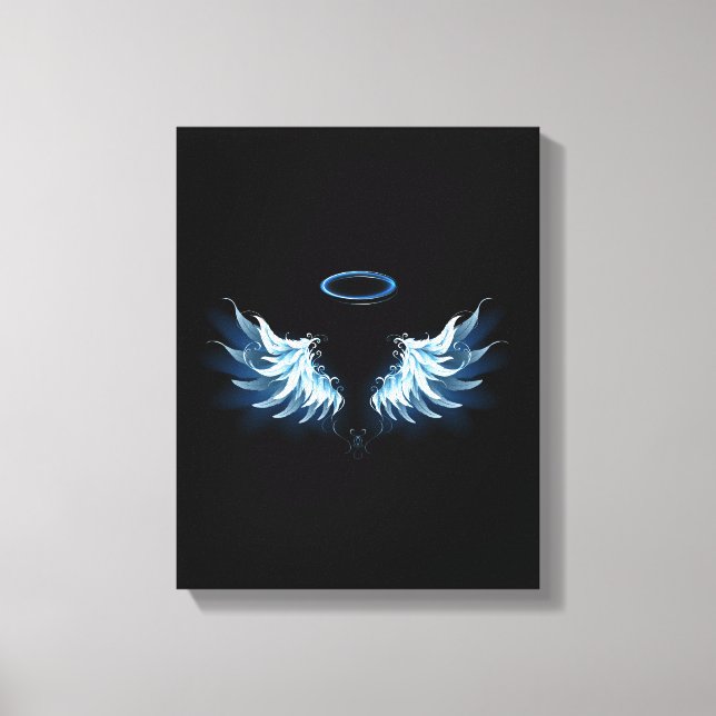 Toile Blue Glowing Angel Wings on black background (Recto)