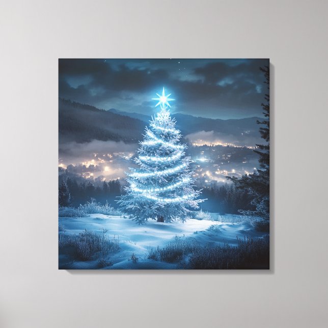 Toile Blue Glowing Winter Night Christmas Tree (Recto)