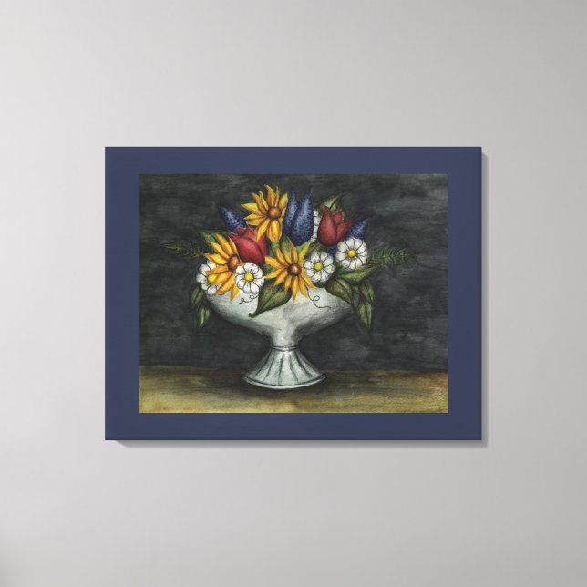 Toile Blue Primitive Folk Art Floral Canvas Art Imprimer (Recto)