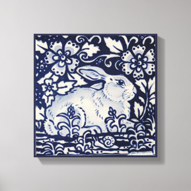 Toile Blue & White Rabbit Floral Souris Chinois Art (Recto)