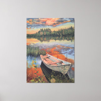 Toile Boat at Sunset: Realistic Lake Reflection wall Art