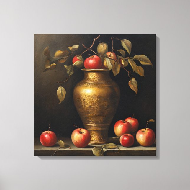 Toile Bocal doré à peinture classique et pommes rouges (Recto)
