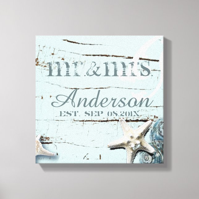Toile bois BLue Seashells Beach Mariage m et mme (Recto)