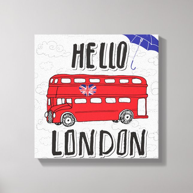 Toile Bonjour Londres | Panneau Lettré main avec paraplu (Recto)