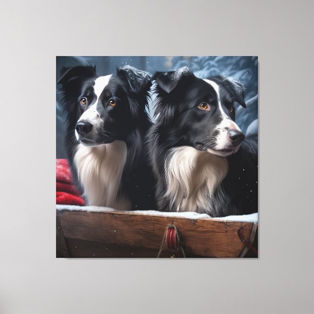 Toile Border Collie enneigé Luge Décor Noël  (Recto)