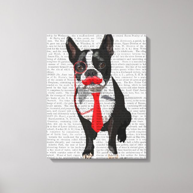 Toile Boston Terrier avec Cravate rouge et moustache (Recto)