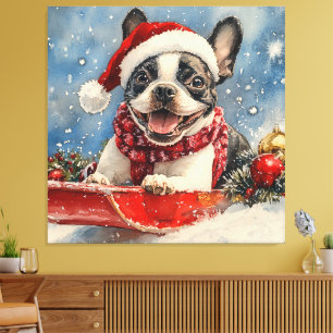 Toile Boston Terrier Dog in Sledge Let it Neige Noël