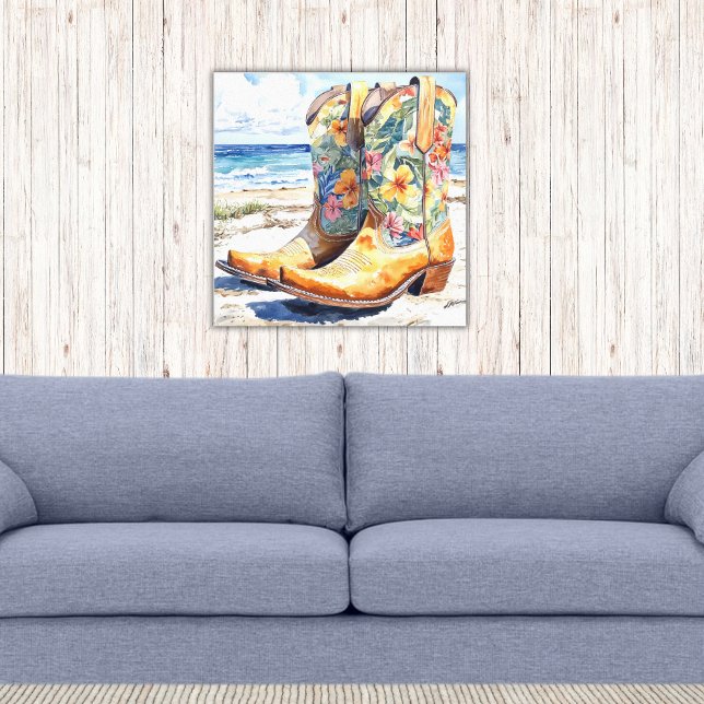 Toile Bottes de cowgirl avec aquarelle florale hawaïenne (Tropical Hawaiian Floral Patterned Cowgirl Boots on the Beach Western Canvas Print)
