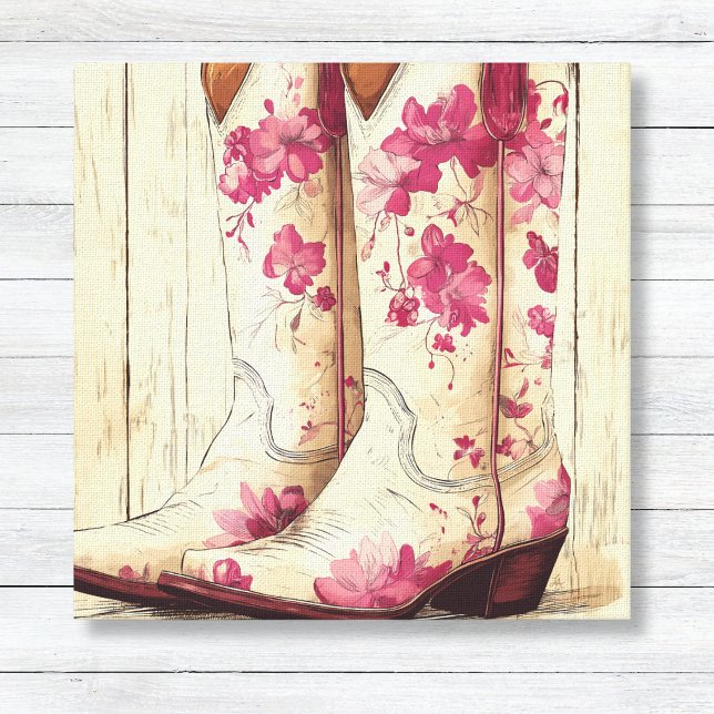Toile Bottes de poules à fleurs roses - Décor pour fille (Chic Rustic Western Cowgirl Boots - Minimalist Cream Wood Texture - Pink Floral Canvas Art for Girls)