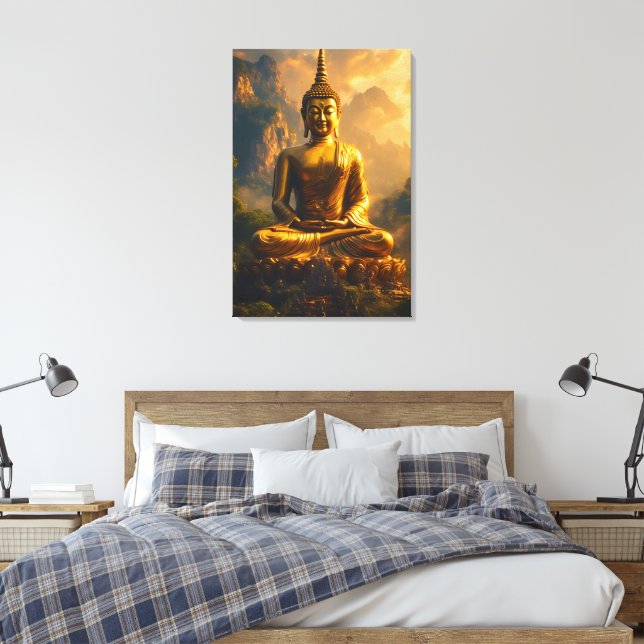 Toile Bouddha assis doré sous un ciel de coucher de sole (Insitu(Chambre))