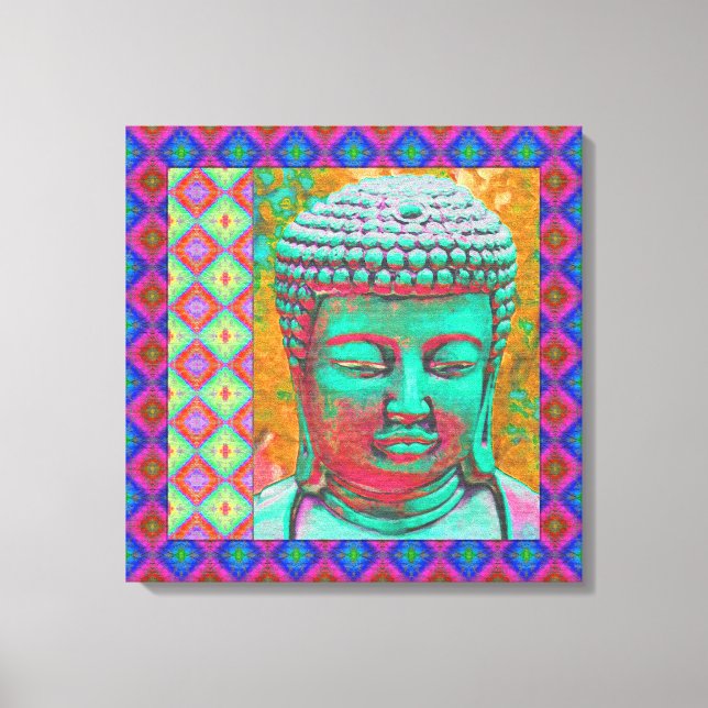 Toile Bouddha Pop avec des bordures en Patchwork en bleu (Recto)