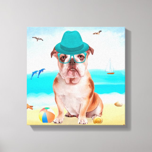 Toile Bouledogue anglais sur la plage (Recto)