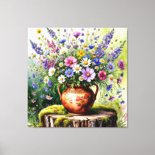 Toile Bouquet aquarellé de fleurs sauvages dans un vase