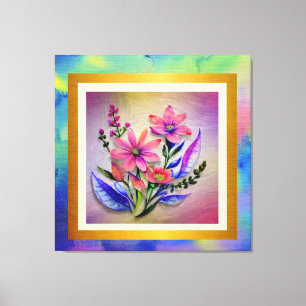 Toile Bouquet de fleurs à l'aquarelle, fond coloré