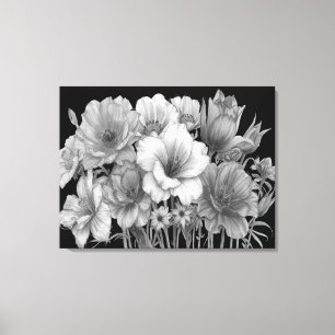Toile Bouquet de fleurs épanouies en N&B sur un mur