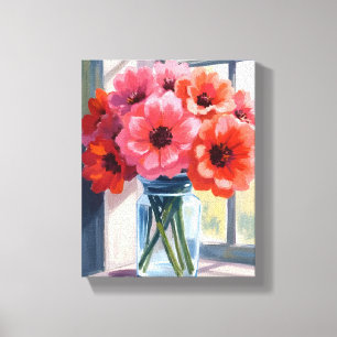 Toile Bouquet de fleurs rouges vase peinture aquarelle