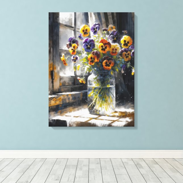 Toile Bouquet de pensées dans une fenêtre Impressionnism (Insitu (Plancher de Bois))