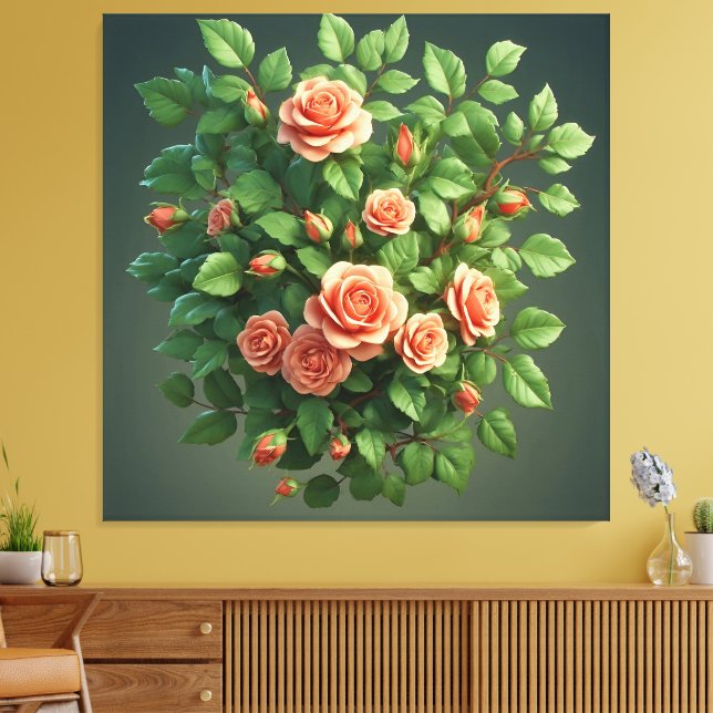 Toile Bouquet de roses pêche avec verdure (Insitu(Salon))
