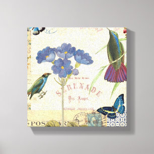 Toile Bouquet vintage des fleurs, des oiseaux et des