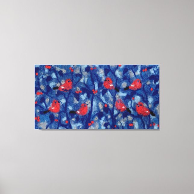 Toile Bouvreuils, oiseaux rouges arbres forestiers bleus (Recto)
